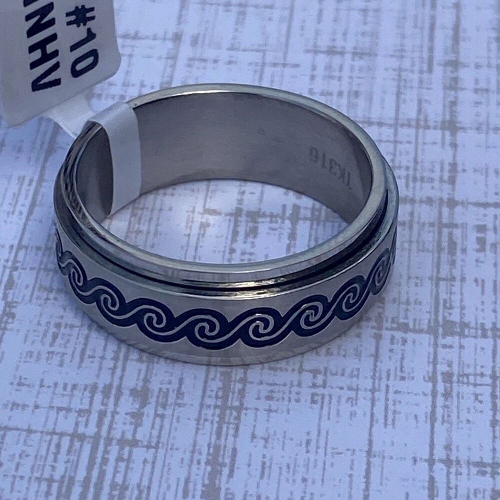 Men’s Spinner Ring Size 10 Stainless Steel Fidget Band Black Wave Design